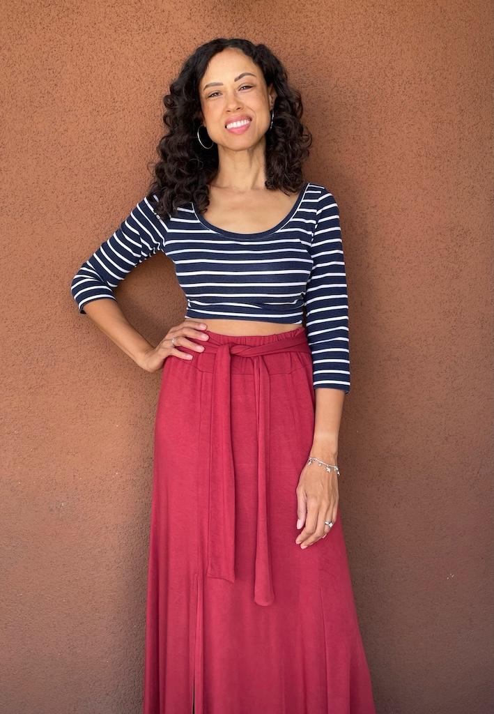 Luna smiling, wearing her top made with Simplicity S8993 and maxi skirt made with New Look N6709