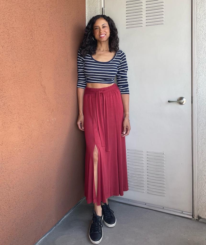 Luna smiling wearing her handmade striped top and maxi skirt made with New Look N6709 pattern.