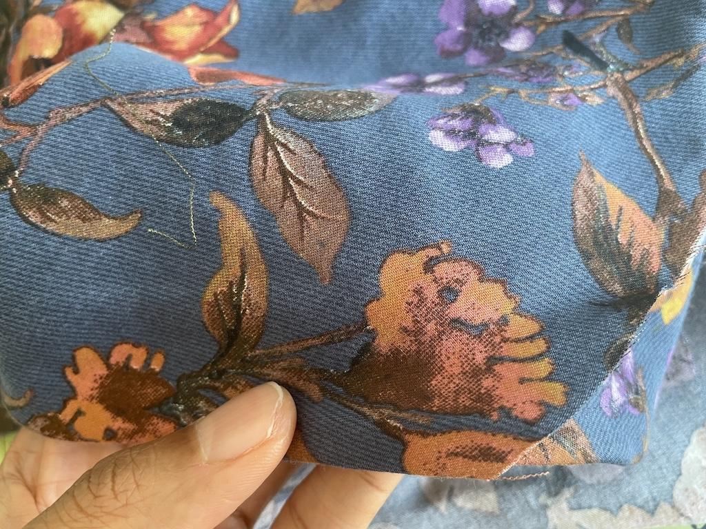 Close up of Tencel twill fabric Luna used to make her empire waist dress 