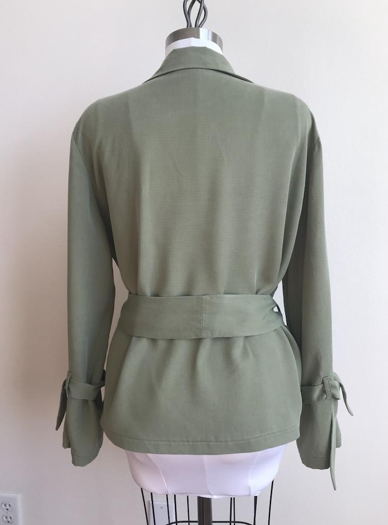 Back view of Luna’s trench coat in on her dress form, made with Simplicity S8554 pattern