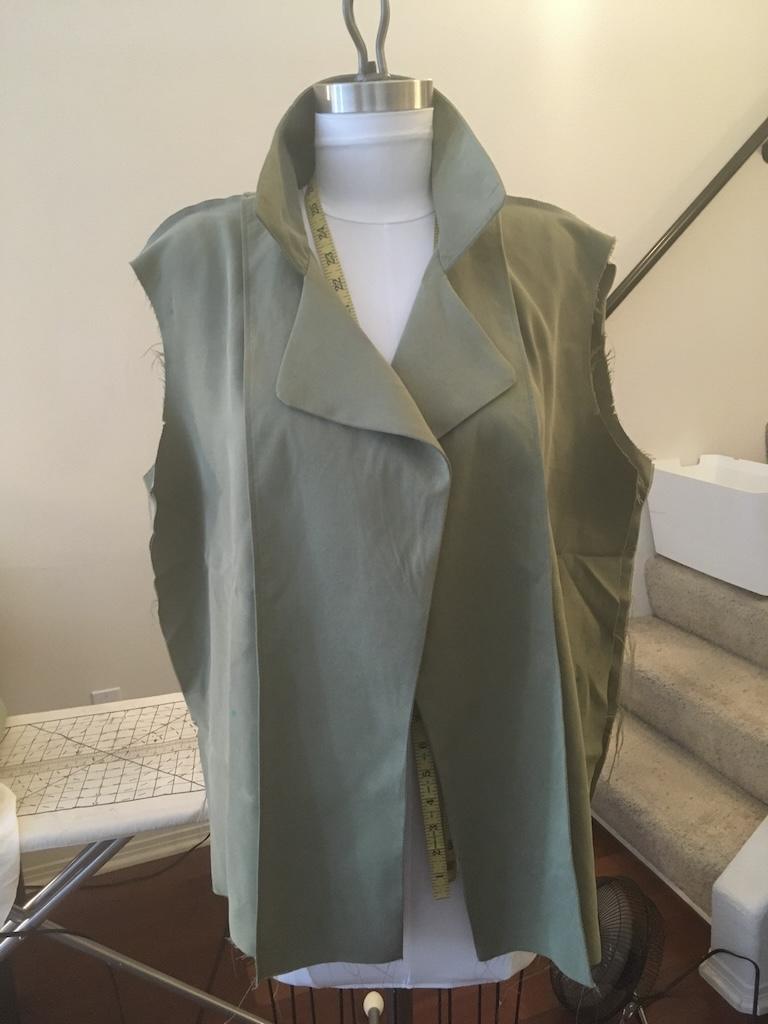 Inside front view showing construction of collar, front, and back of Luna’s soft trench coat on the dress form