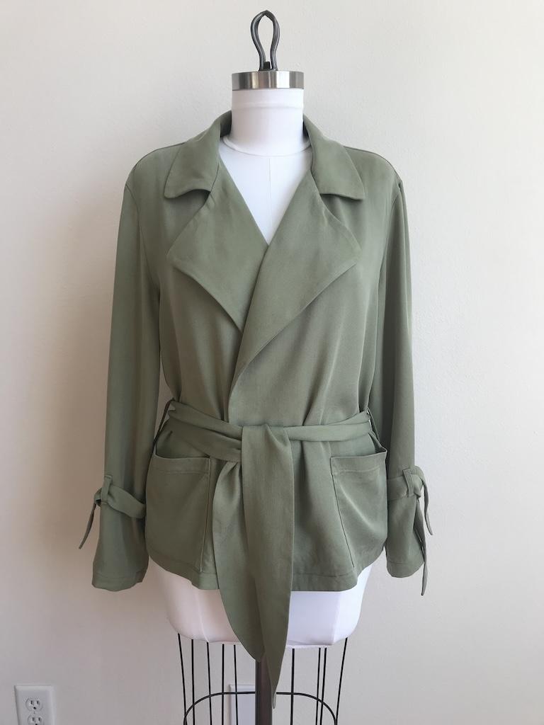Front view of Luna’s DIY trench coat in short length on her dress form