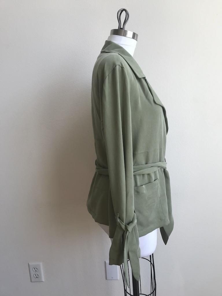 Side view of Luna’s soft trench coat on her dress form, made with Simplicity S8554 sewing pattern