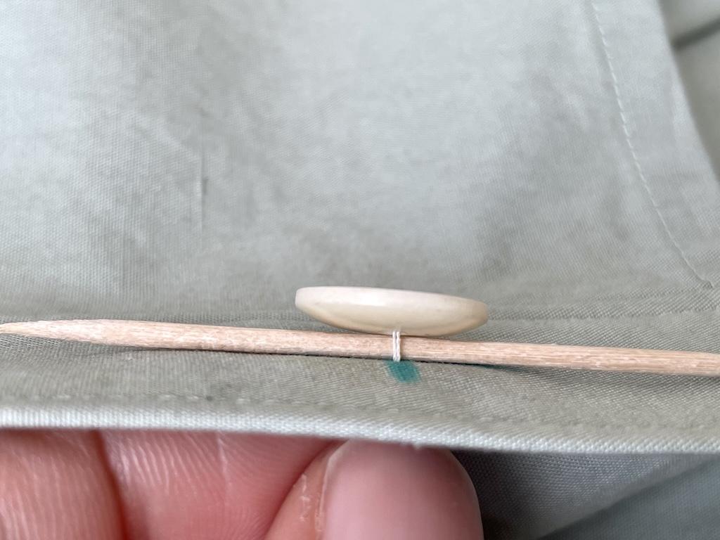 Side view of toothpick under button on Luna’s shirt