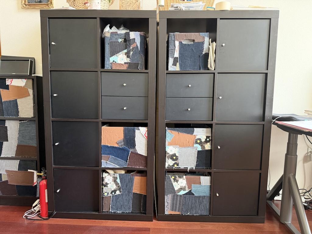 View of two IKEA cabinets Luna uses in her sewing room, each with 8 cubbies