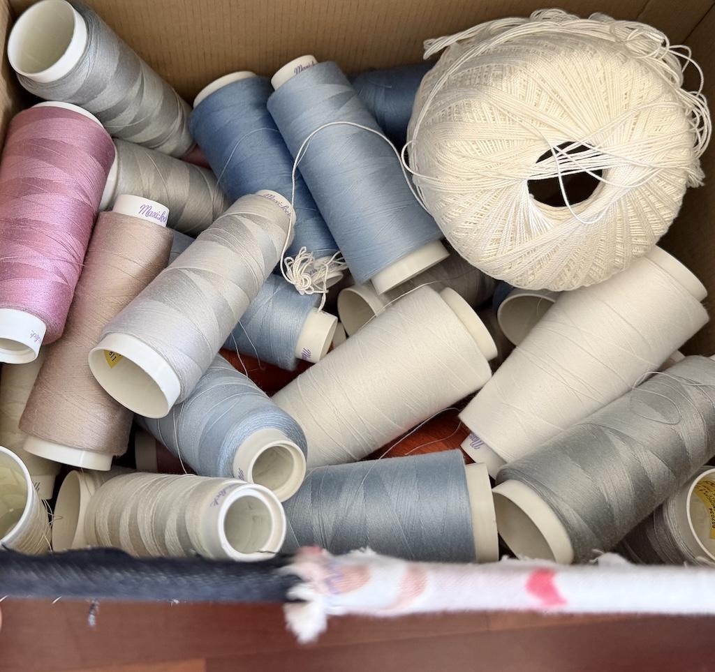 Inside view of Luna’s serger thread stored in diy storage box