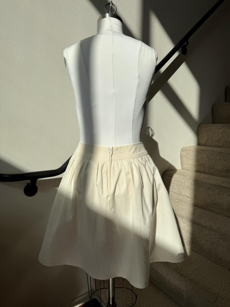 View of gathered back zipper skirt mockup Luna made with Simplicity S1369, on the dress form
