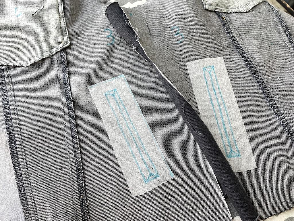 View of interfacing and making welt pockets on Luna’s DIY color blocked denim jacket