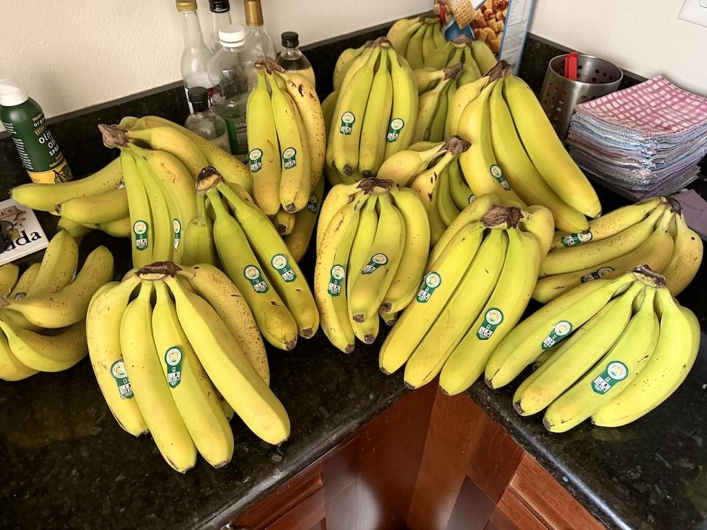 Bunches of bananas on kitchen counter in Luna’s condo