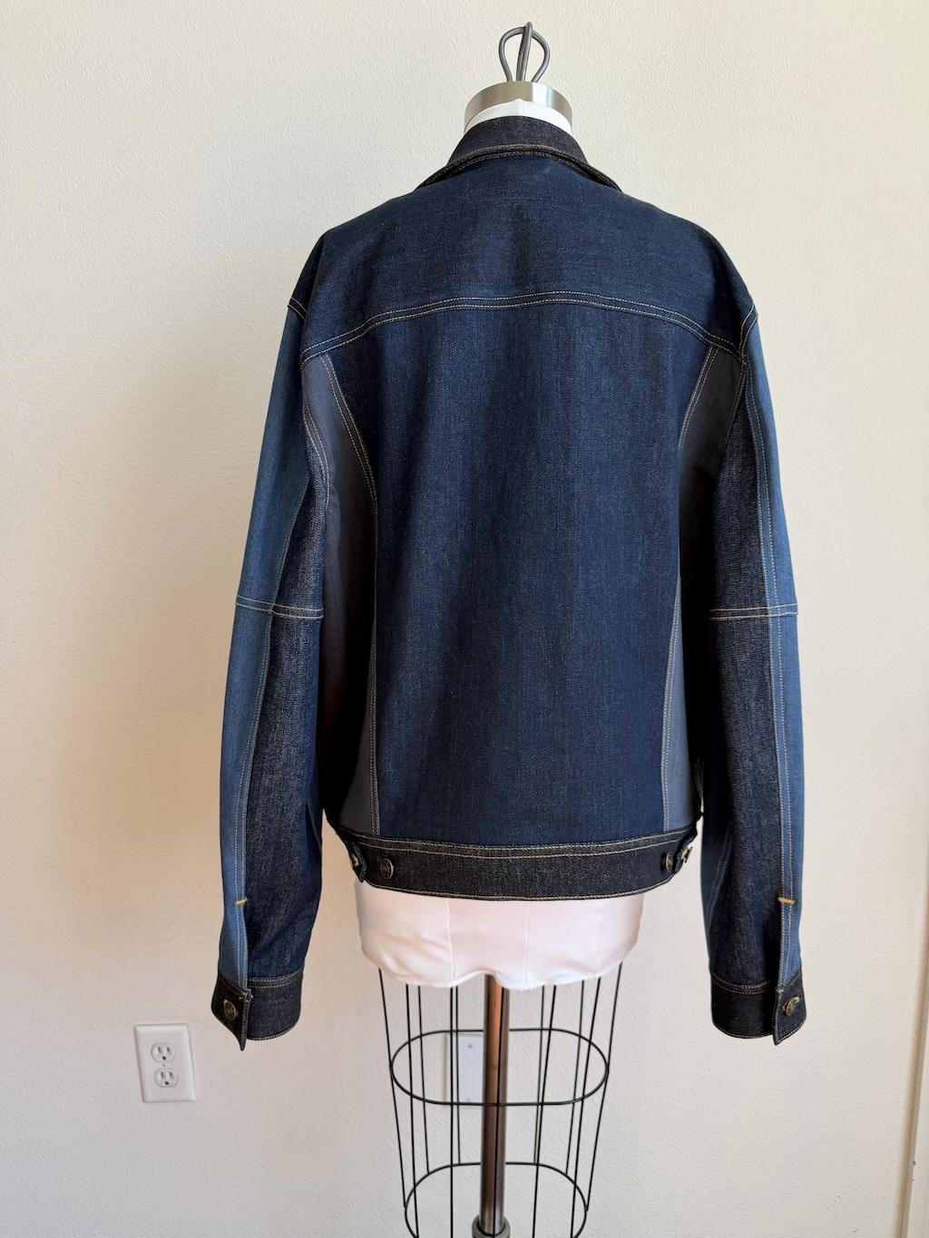 Back view of color-blocked jean jacket that Luna made, on the dress form