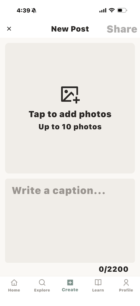 View of create, add photos feature on Sewcial app