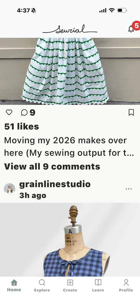 View of Luna’s Sewing Room home feed on Sewcial app