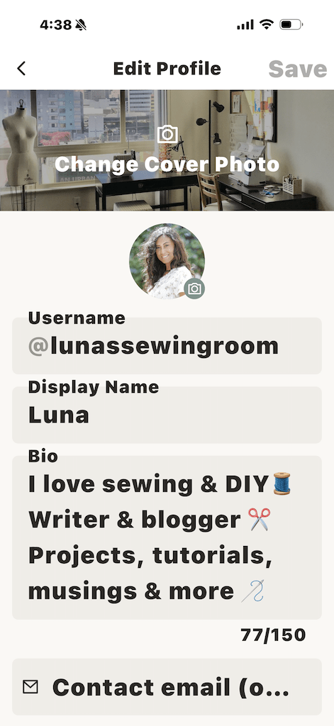 View of Luna’s Sewing Room edit profile on Sewcial app