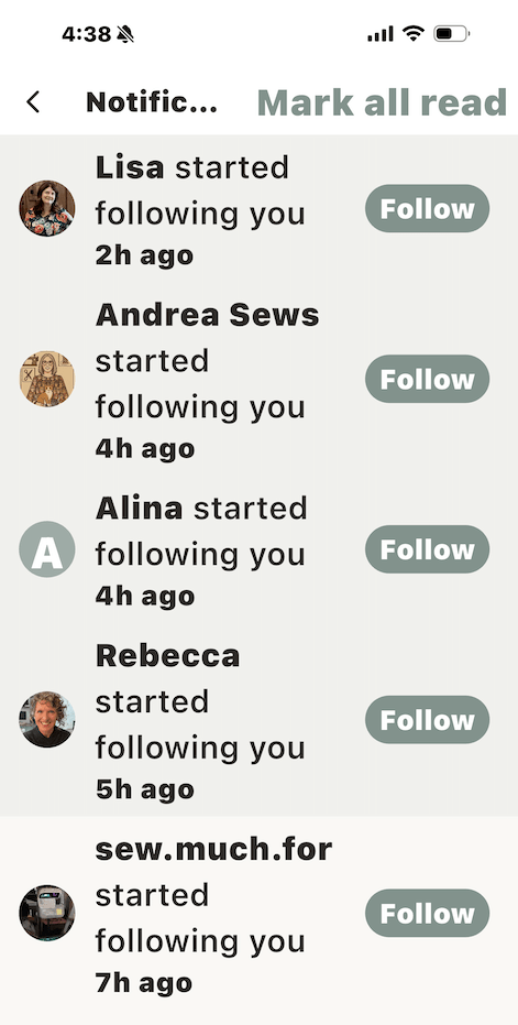View of Luna’s Sewing Room followers notification on Sewcial app