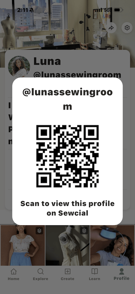 View of Sewcial app QR code for Luna’s Sewing Room